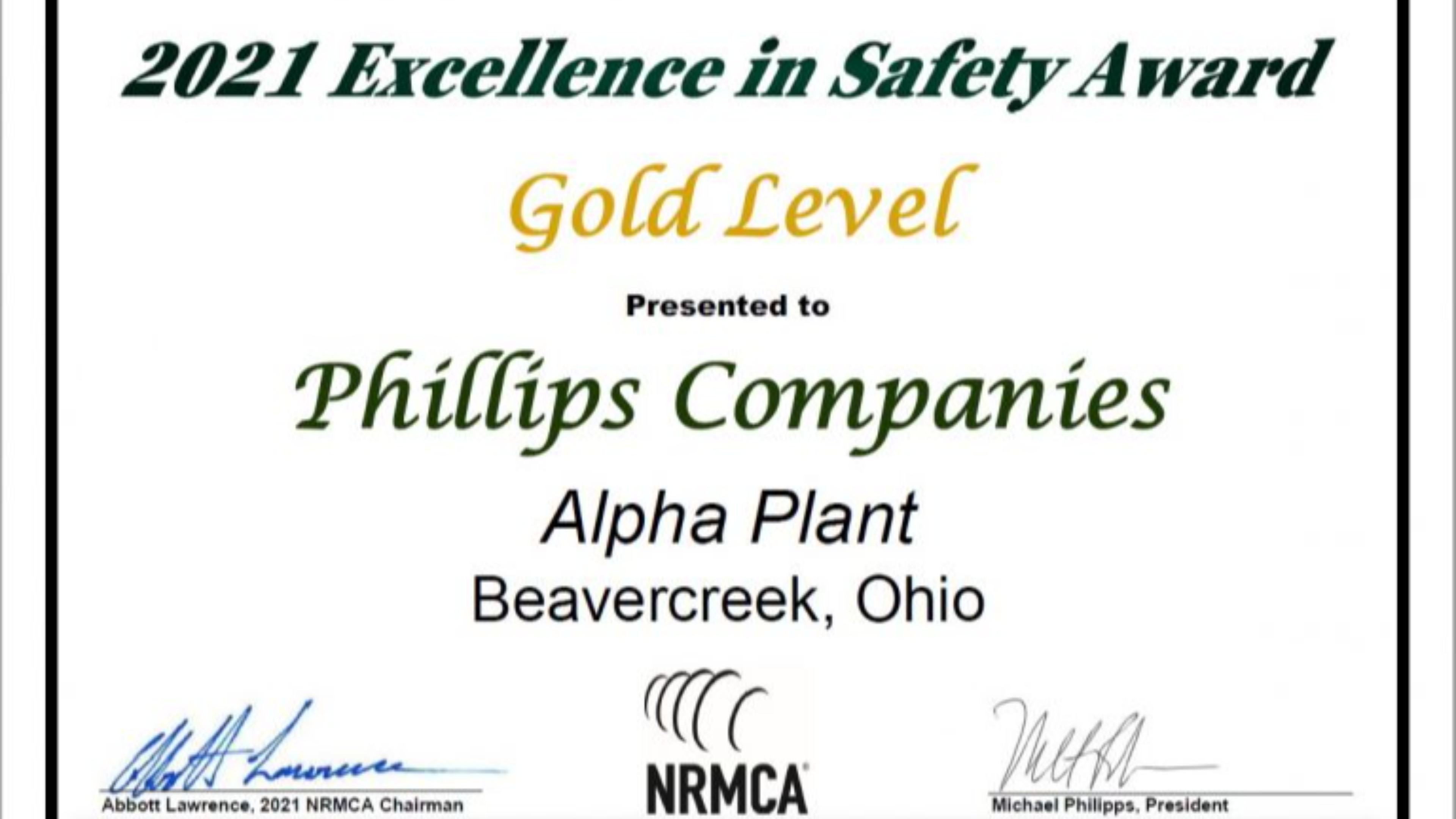 Phillips Companies Receives Gold Level – 2021 NRMCA “Excellence in Safety”
